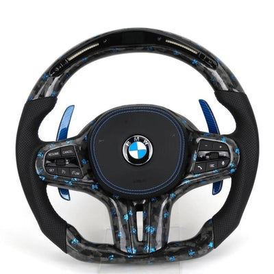 Volant automobile personnalisé sur mesure en cuir nappa avec coutures contrastées, fabriqué par Velnetta